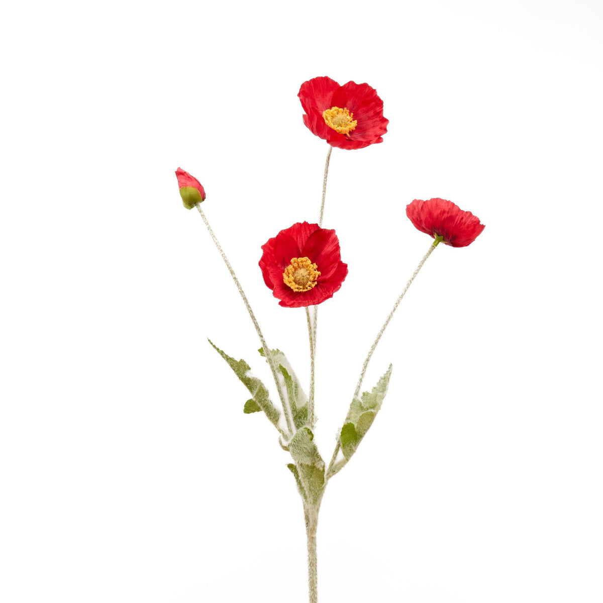 Faux 4 Heads Poppy Stem - Red