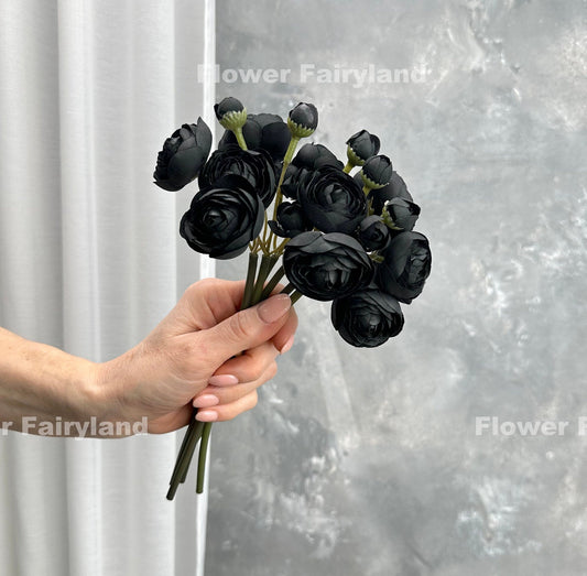 Black mini ranunculus bundle tied with raffia