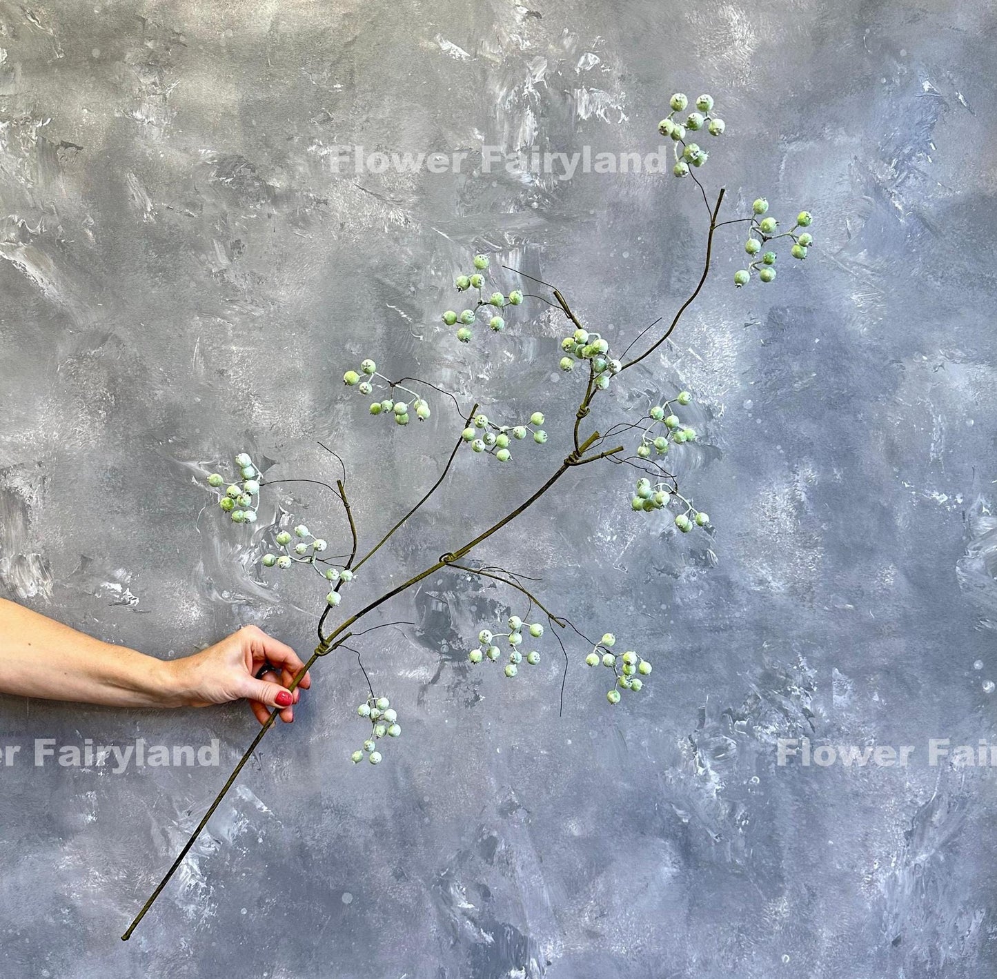 43 inch faux berry big branch with dusty green foam berries, single stem