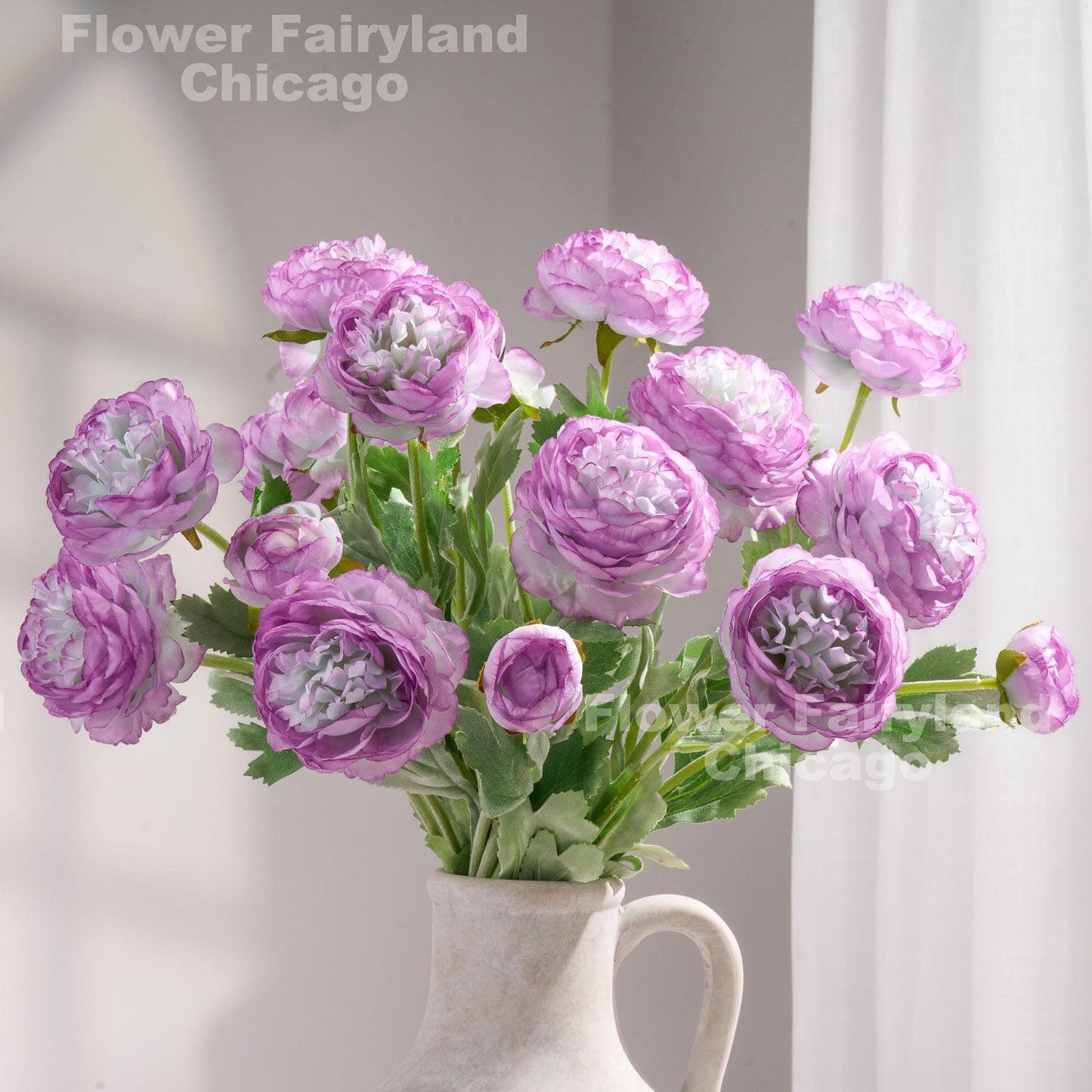 Bicolor purple 3 head faux ranunculus stems in vase