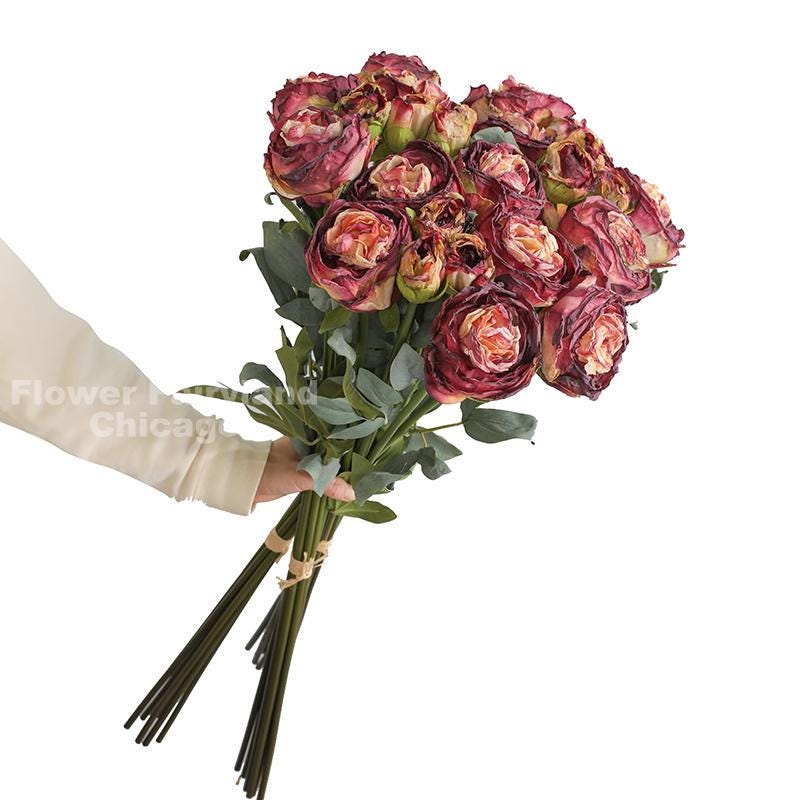 Burgundy dried look peony and rose bouquet detail