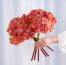Load image into Gallery viewer, 3 Stems Dried Look Faux Hydrangea Bundle - Coral Red
