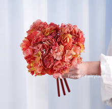 Load image into Gallery viewer, 3 Stems Dried Look Faux Hydrangea Bundle - Coral Red