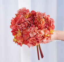 Load image into Gallery viewer, 3 Stems Dried Look Faux Hydrangea Bundle - Coral Red