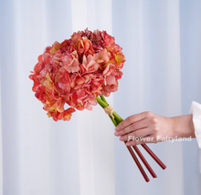 Load image into Gallery viewer, 3 Stems Dried Look Faux Hydrangea Bundle - Coral Red