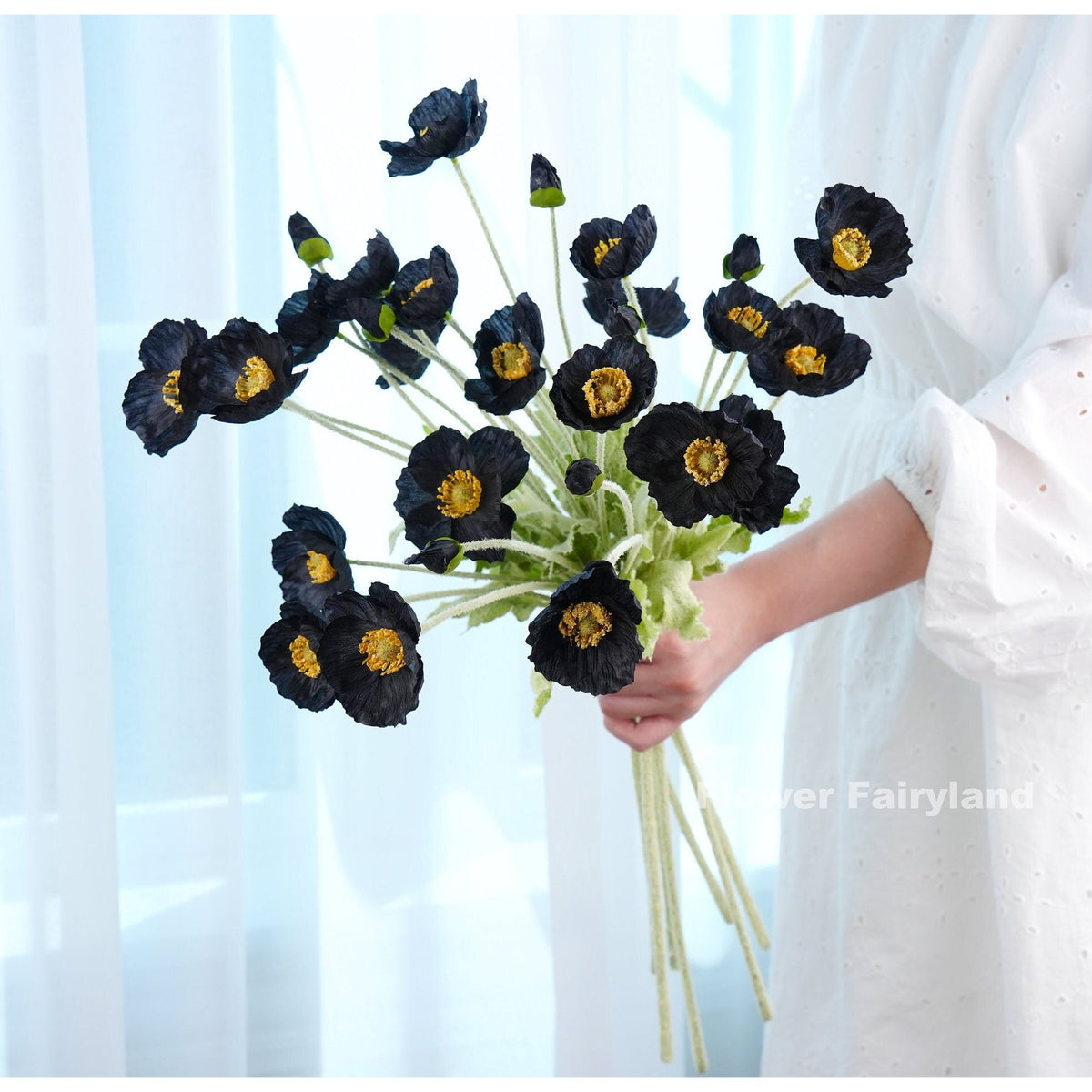 Faux 4 Heads Poppy Stem - Black