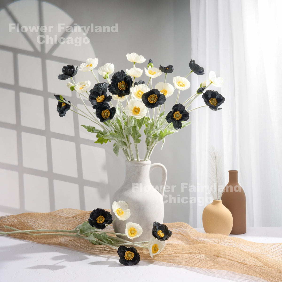 Faux 4 Heads Poppy Stem - Black