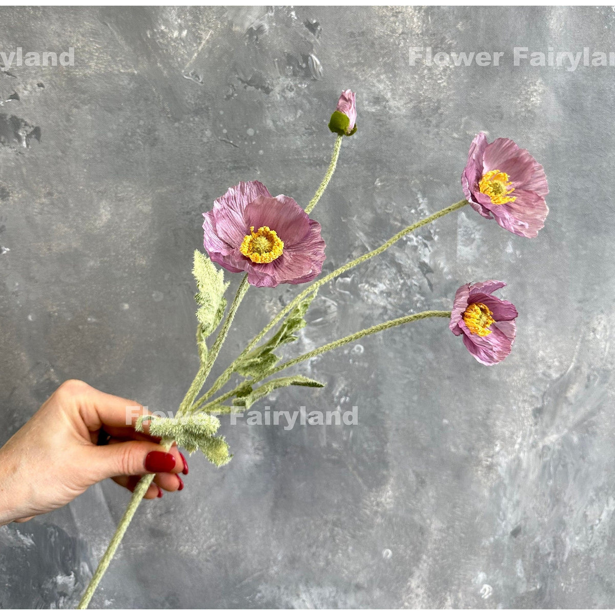 Faux 4 Heads Poppy Stem - Lilac Mauve