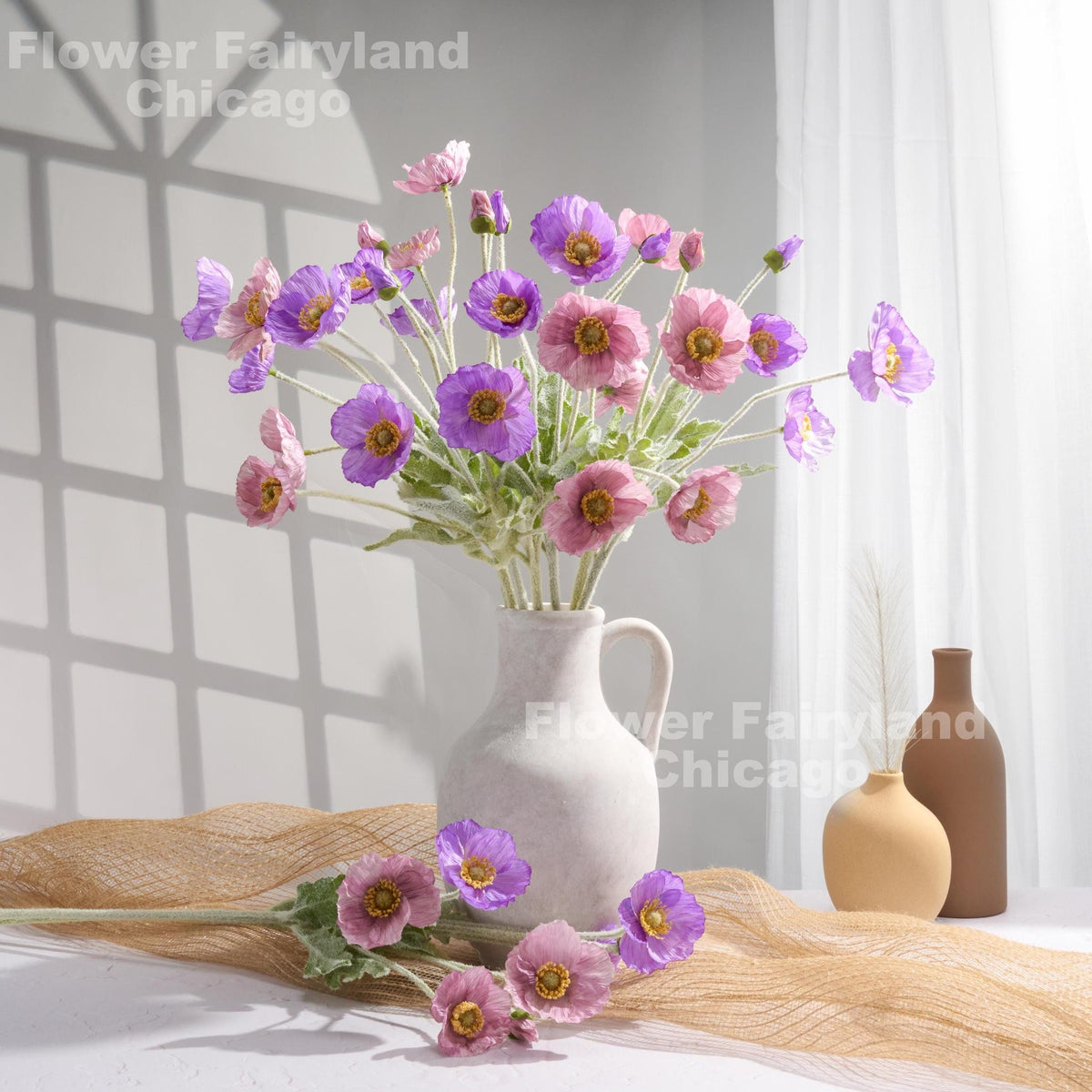 Faux 4 Heads Poppy Stem - Lilac Mauve