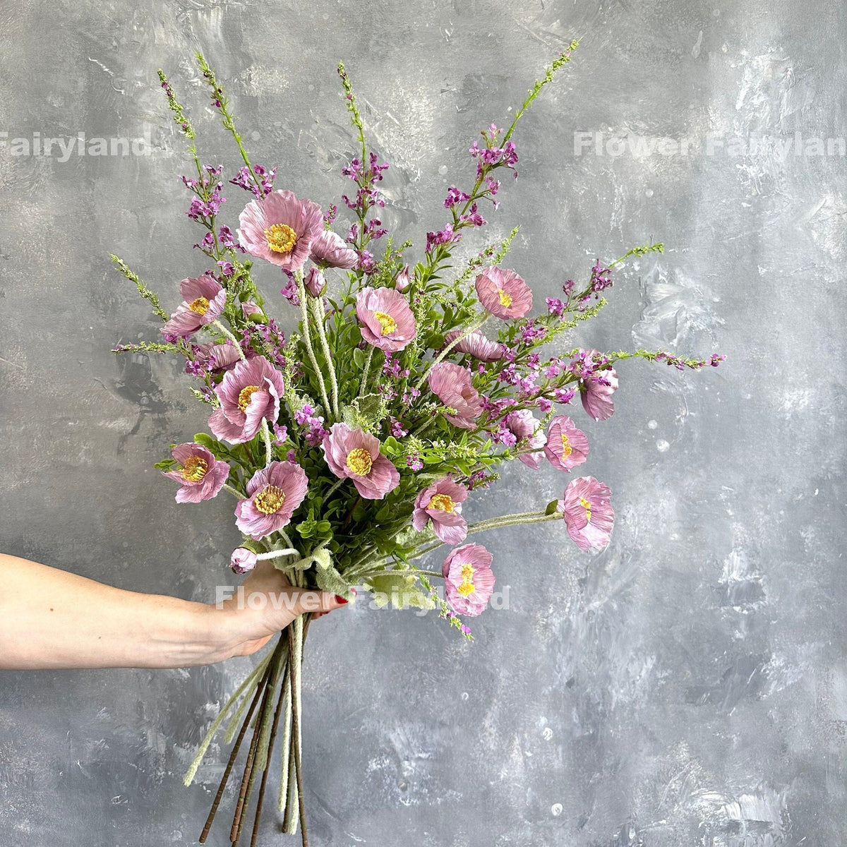 Faux 4 Heads Poppy Stem - Lilac Mauve