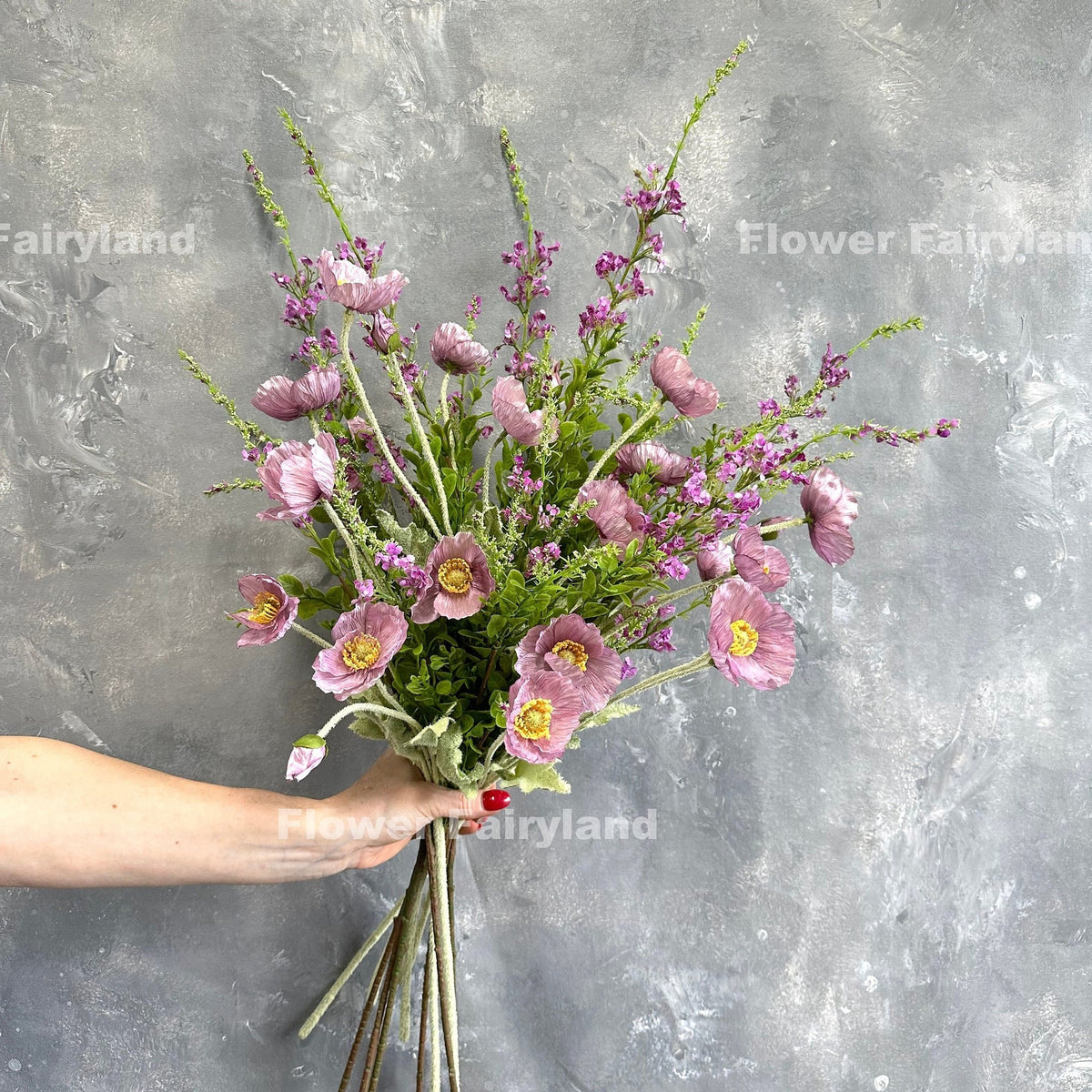 Faux 4 Heads Poppy Stem - Lilac Mauve