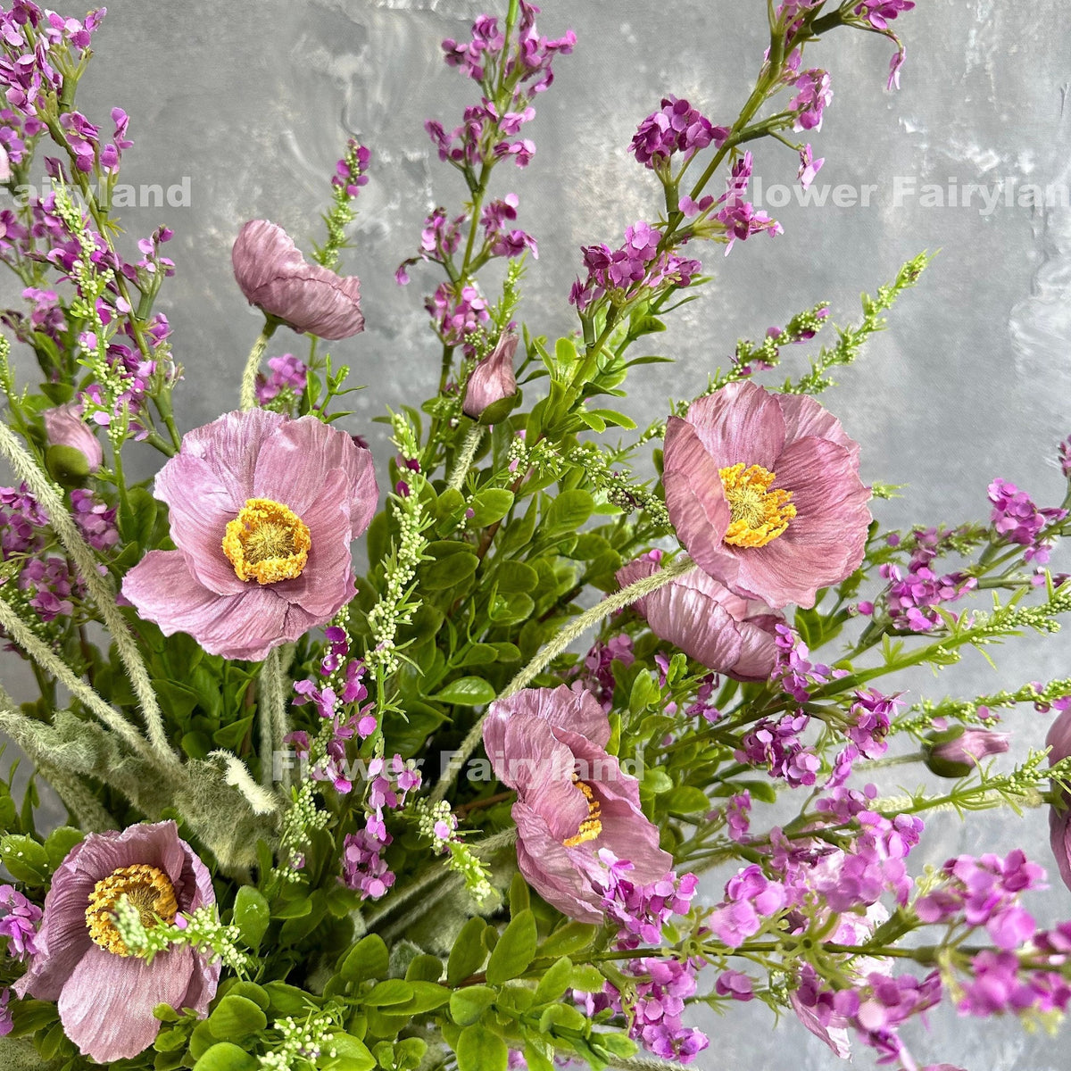 Faux 4 Heads Poppy Stem - Lilac Mauve