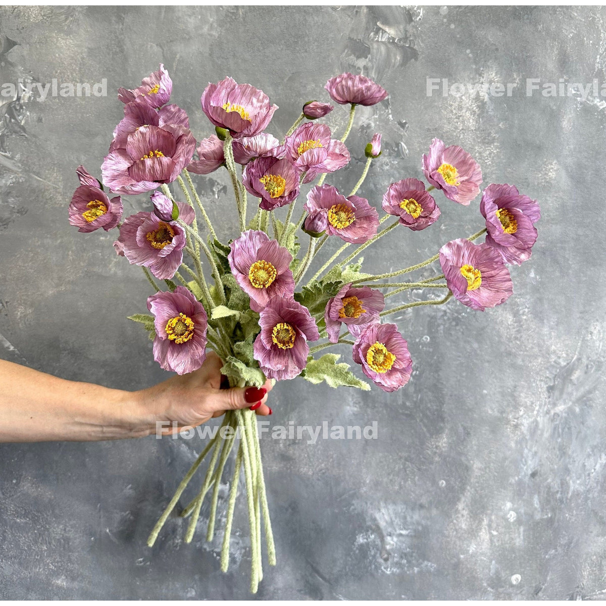 Faux 4 Heads Poppy Stem - Lilac Mauve