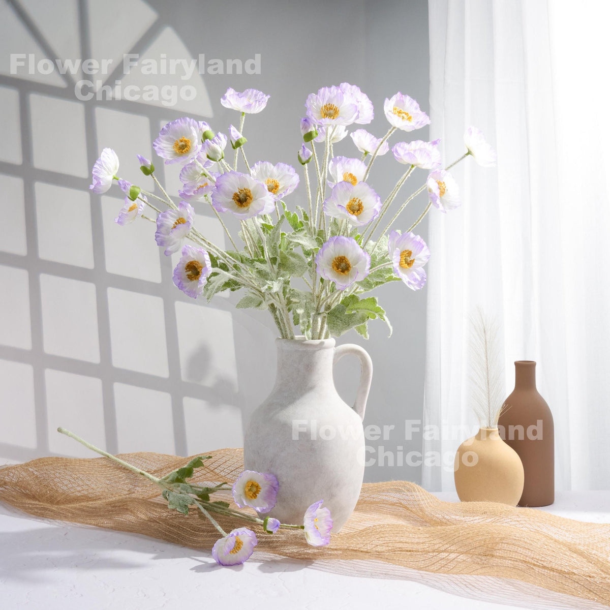 Faux 4 Heads Poppy Stem - Lavender Edge