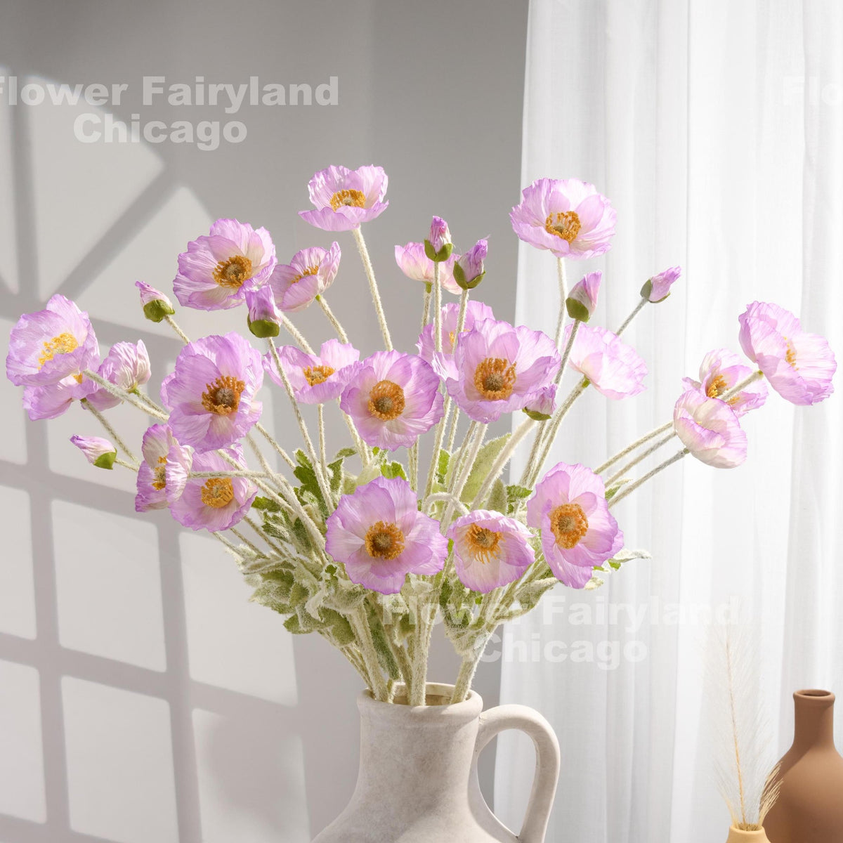 Faux 4 Heads Poppy Stem - Light Lavender