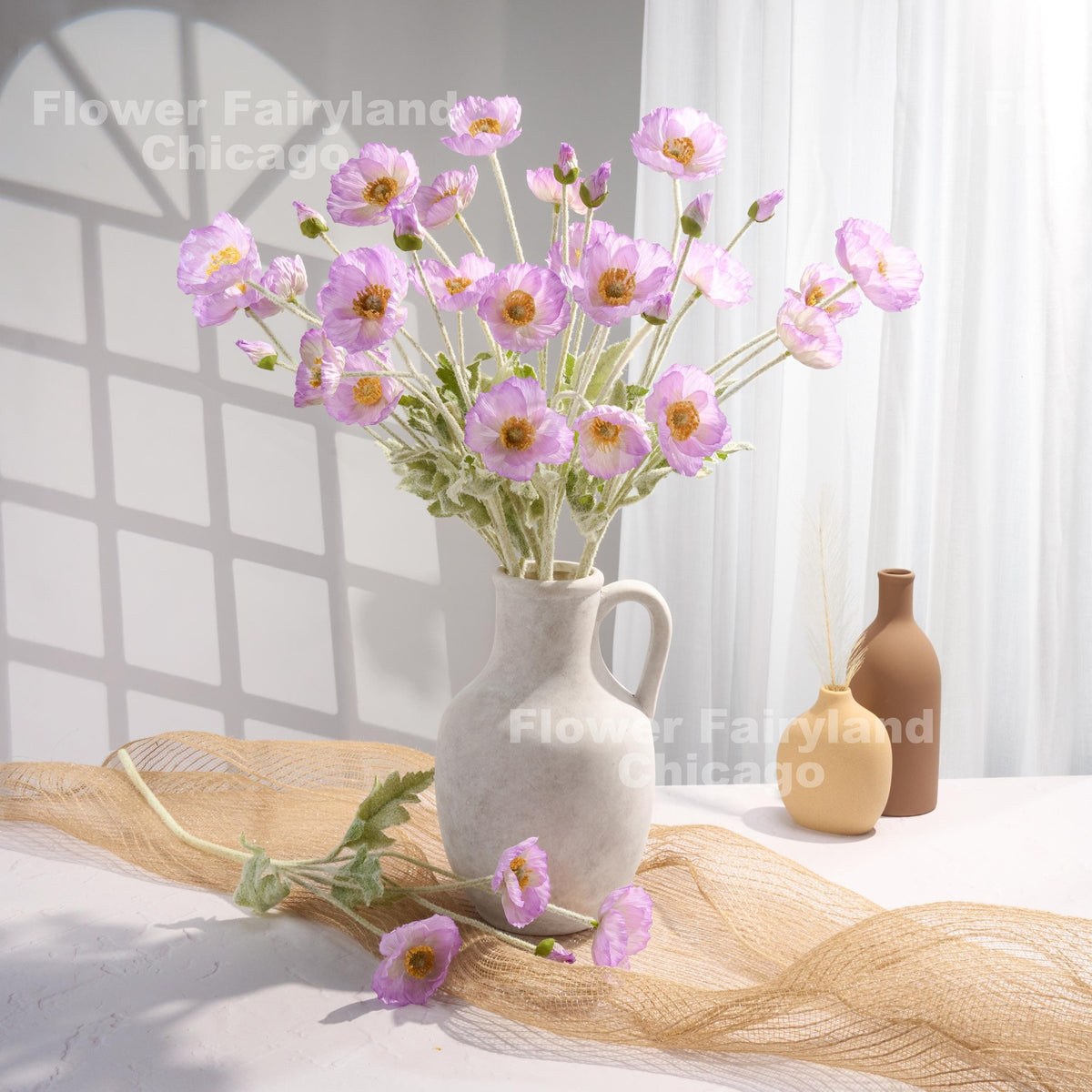 Faux 4 Heads Poppy Stem - Light Lavender
