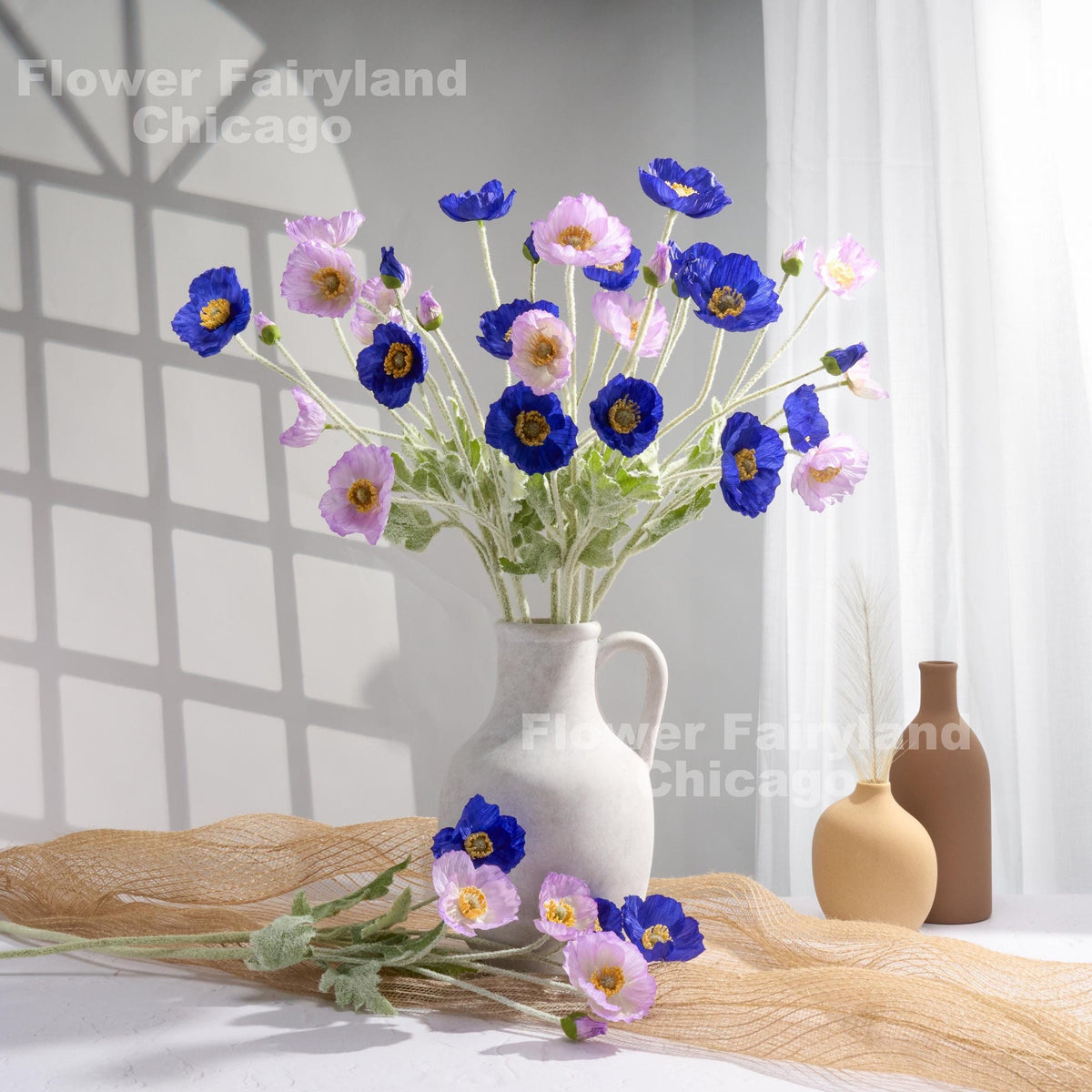 Faux 4 Heads Poppy Stem - Light Lavender