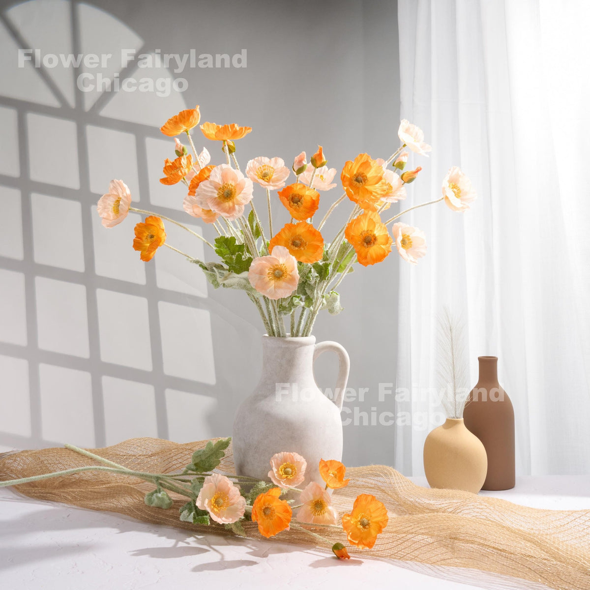 Faux 4 Heads Poppy Stem - Peach