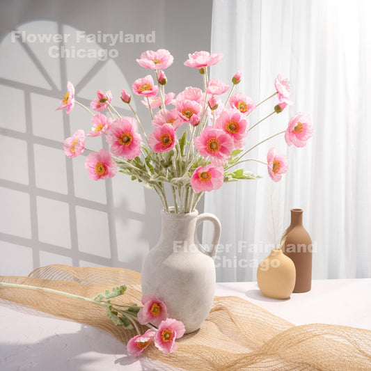 Faux 4 Heads Poppy Stem - Pretty Pink