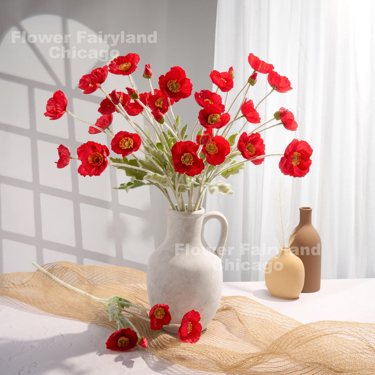Faux 4 Heads Poppy Stem - Red
