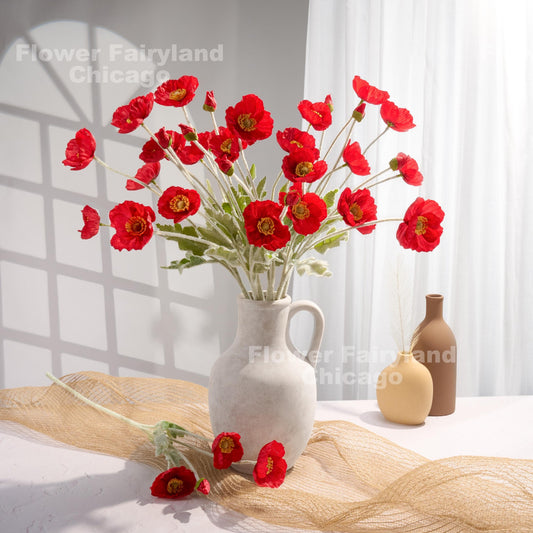 Faux 4 Heads Poppy Stem - Red