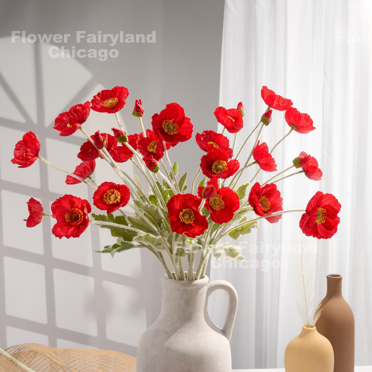 Faux 4 Heads Poppy Stem - Red