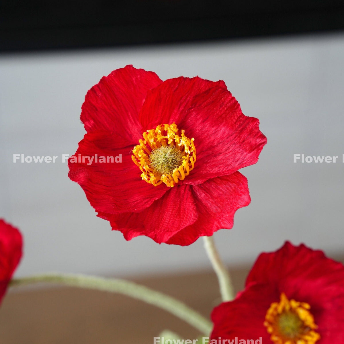 Faux 4 Heads Poppy Stem - Red