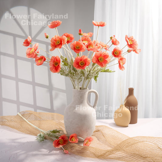 Faux 4 Heads Poppy Stem - Reddish Salmon