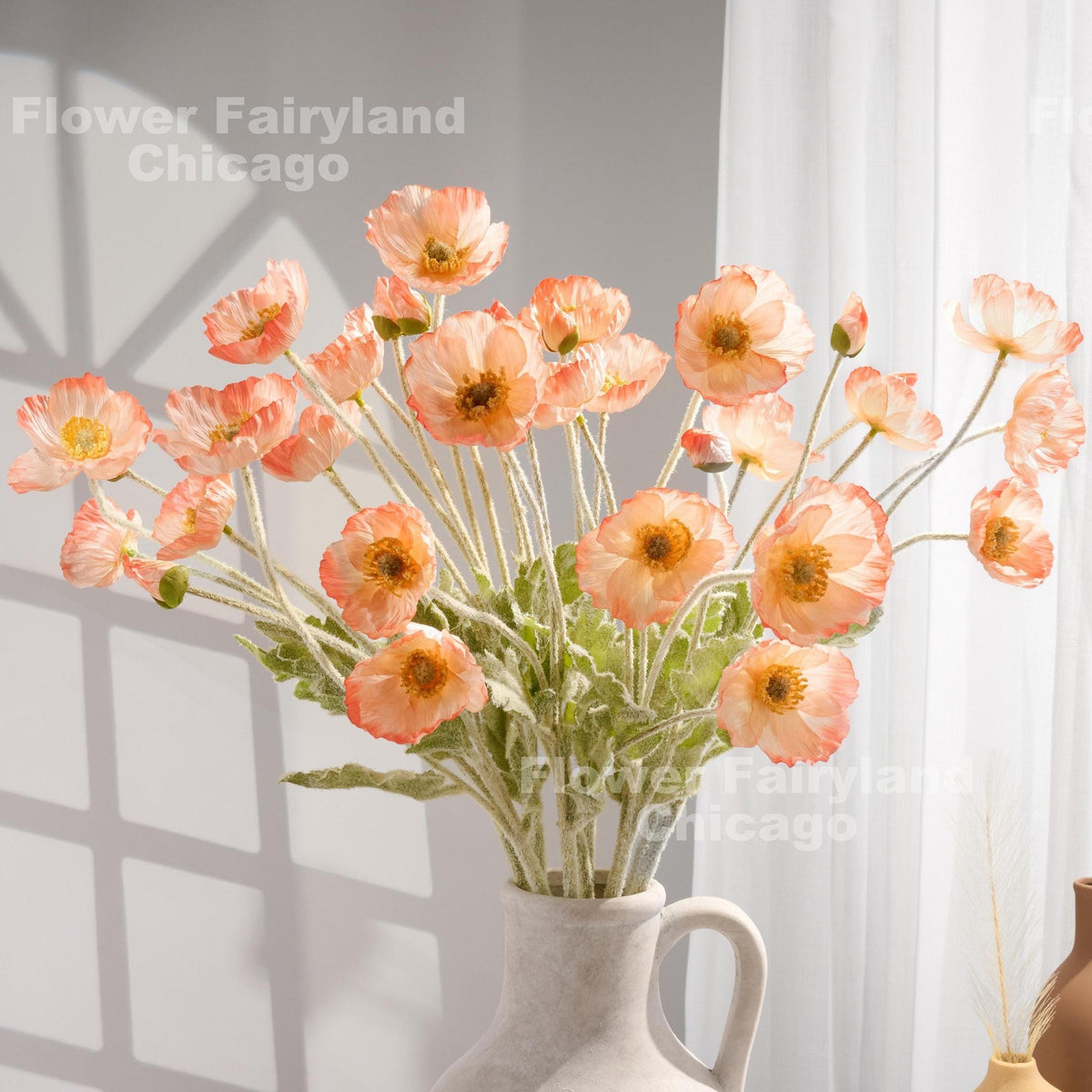 Faux 4 Heads Poppy Stem - Salmon Edge