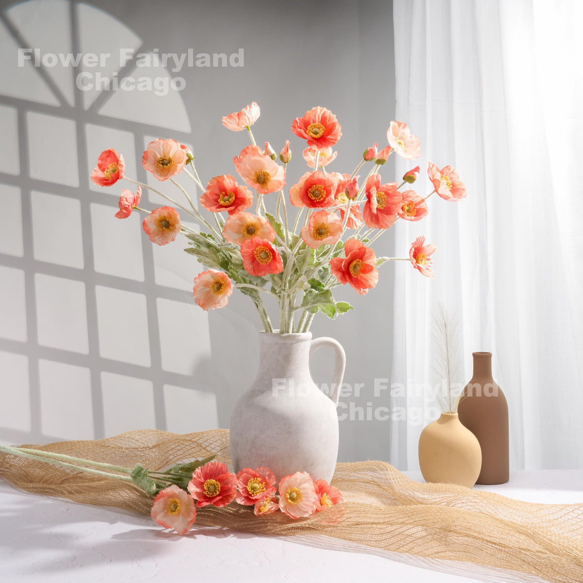 Faux 4 Heads Poppy Stem - Salmon Edge