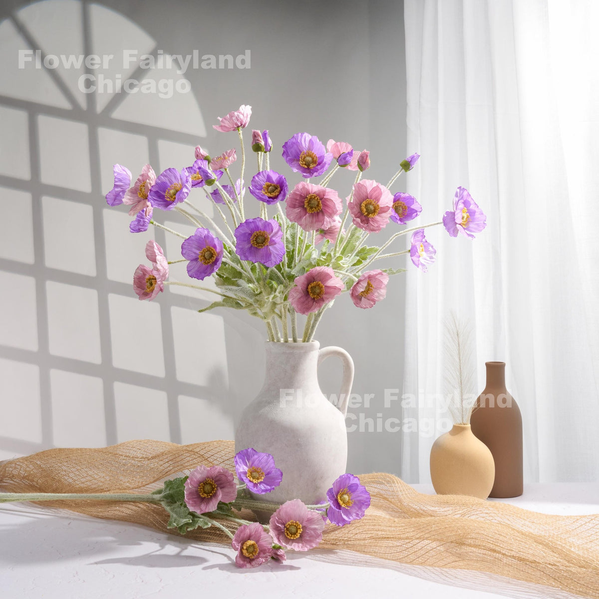 Faux 4 Heads Poppy Stem - Violet Purple