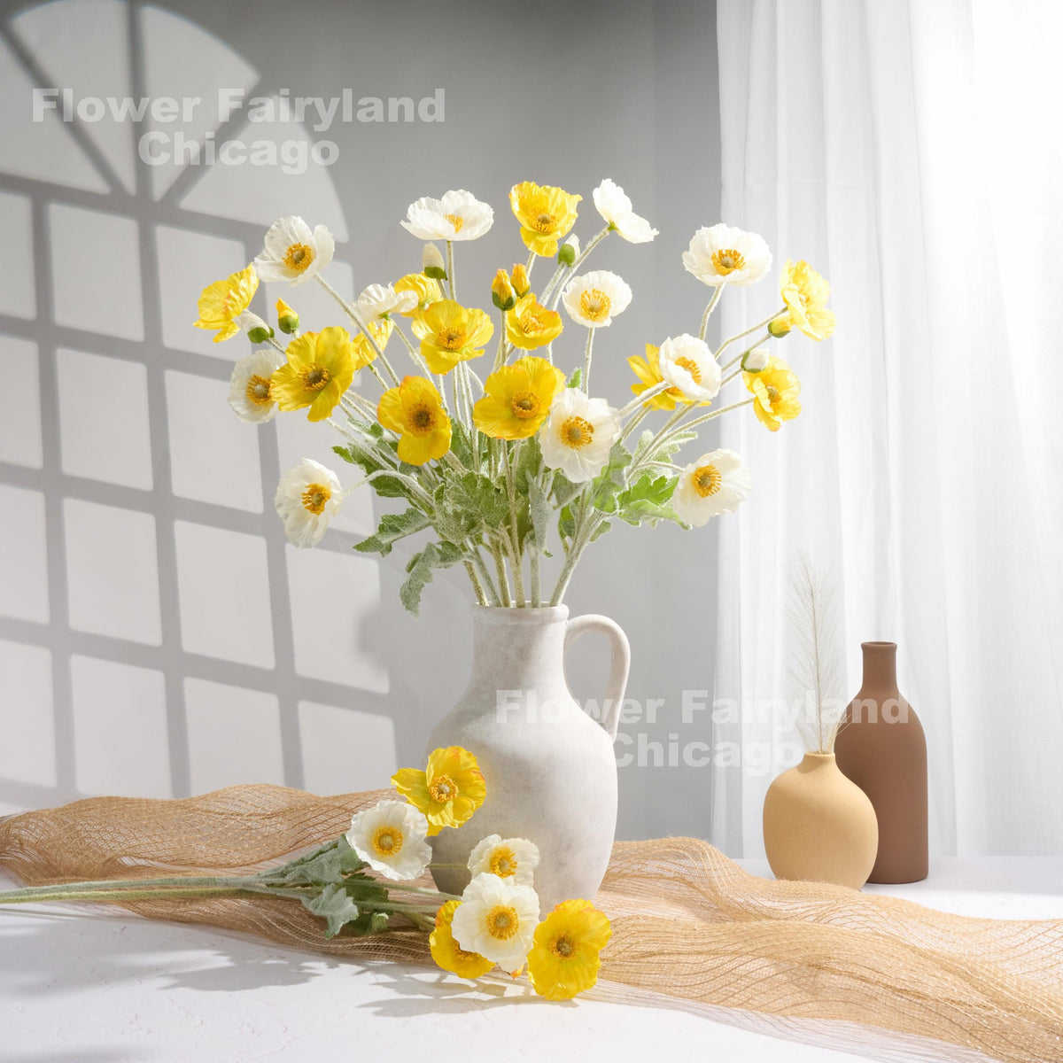 Faux 4 Heads Poppy Stem - Yellow