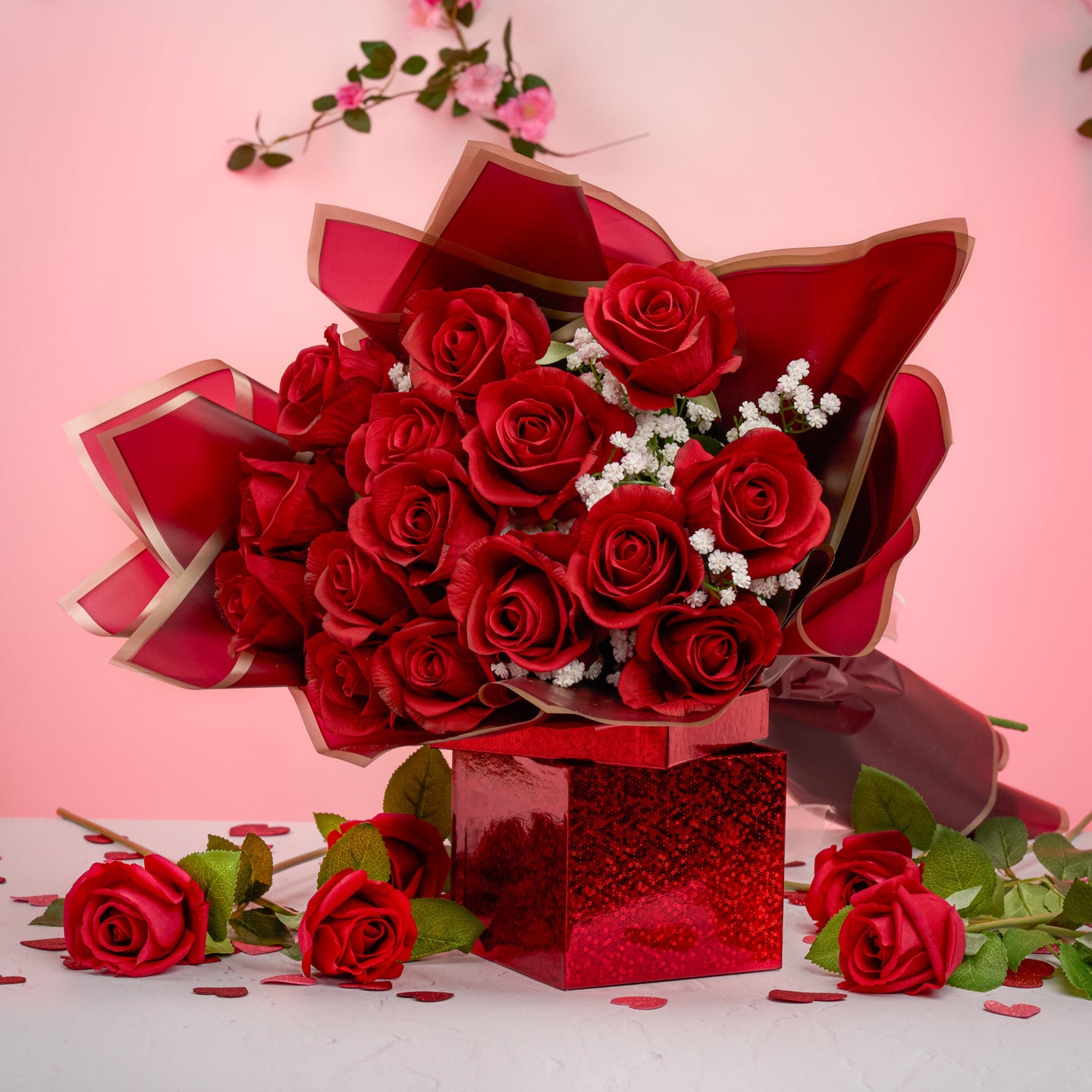 Eternal Romance: Dozen Real-Touch Roses with Baby's Breath Bouquet