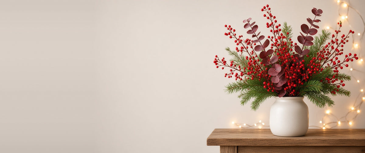 Christmas and winter faux red berry branches, burgundy eucalyptus and pine in a white vase