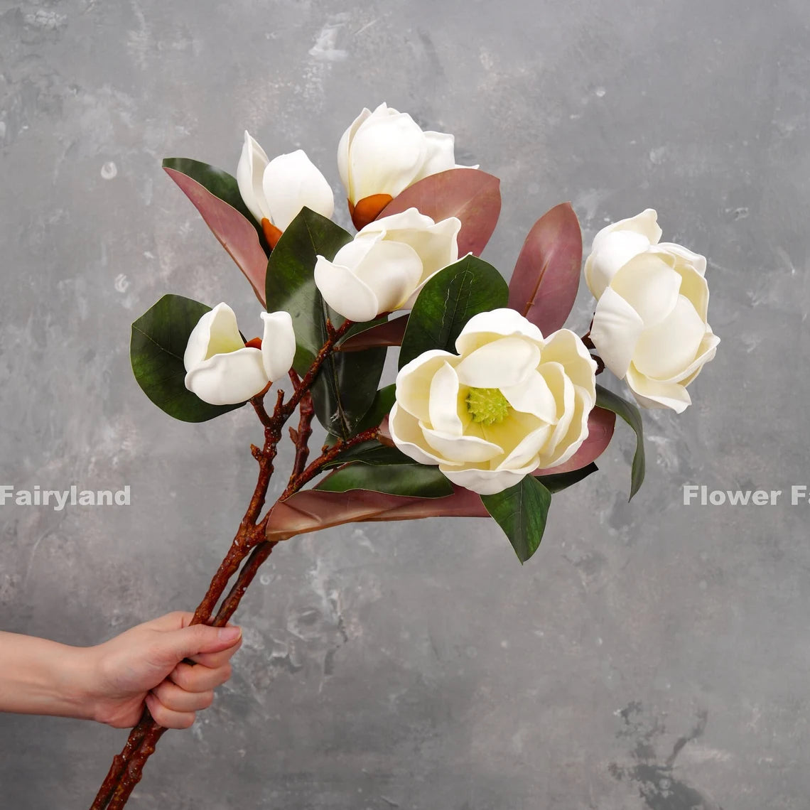 Real Touch 3 Heads Southern Magnolia Branch Stem - White