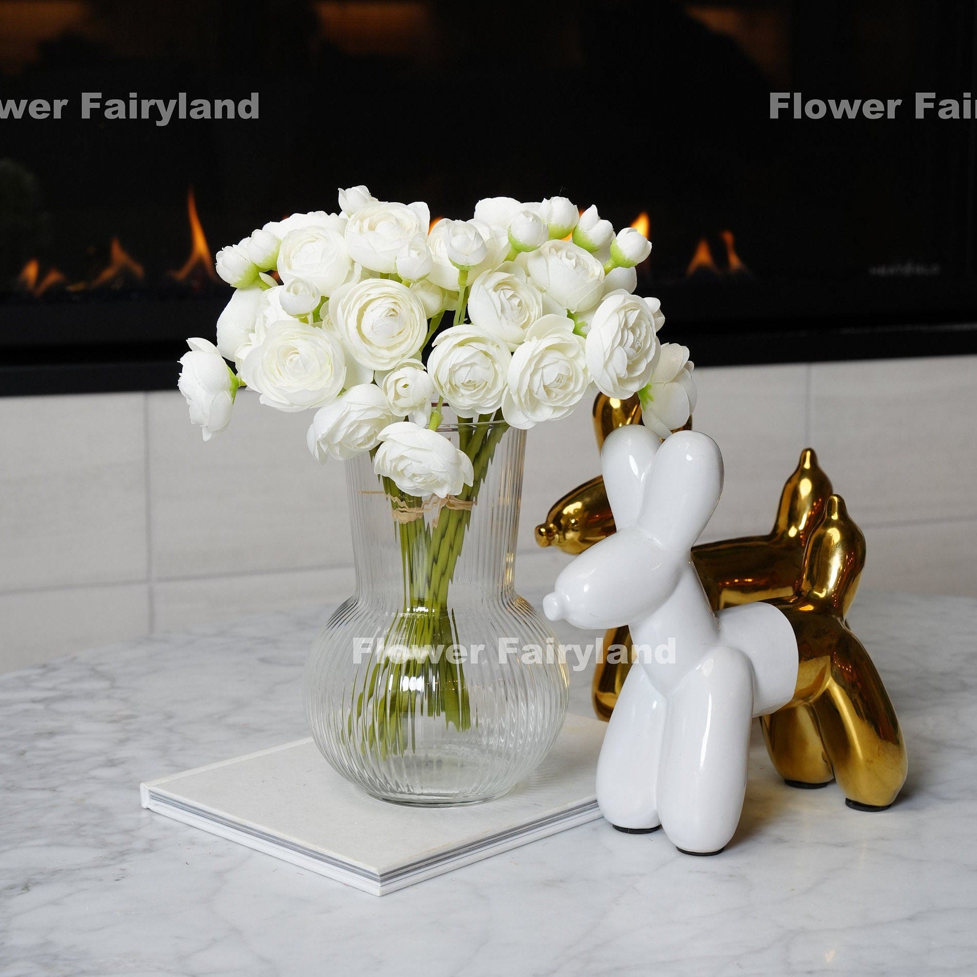 White mini ranunculus bundle tied with raffia