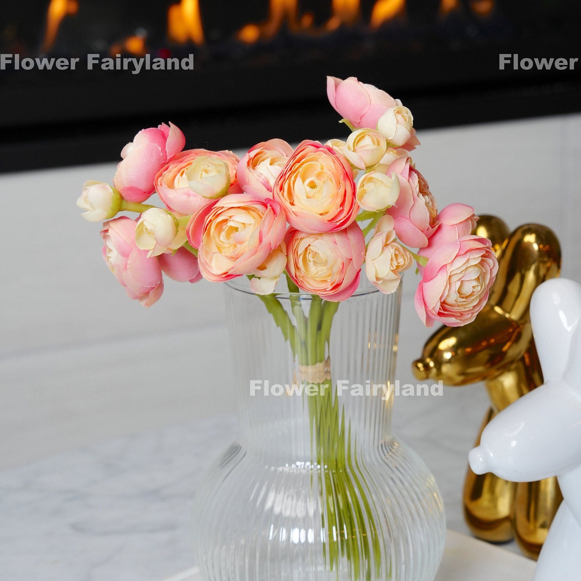 Pink peach mini ranunculus bundle tied with raffia