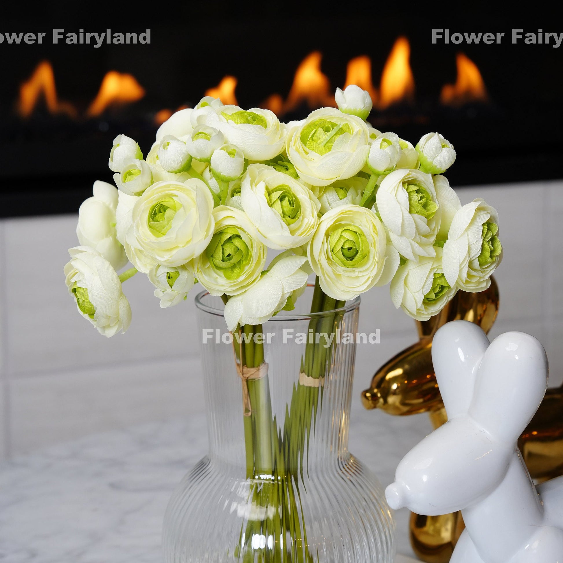 White and green mini ranunculus bundle tied with raffia
