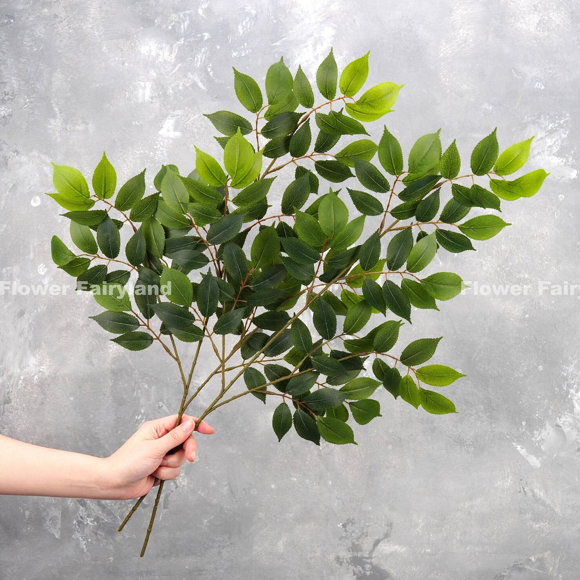 Faux ash branch in dark green held in hand