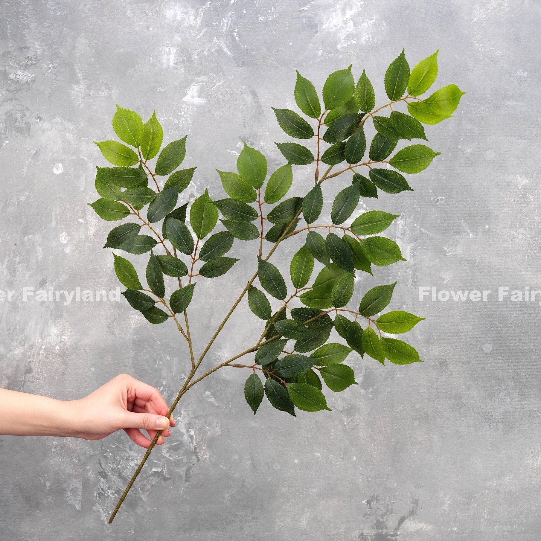 Faux ash branch in dark green - full stem held in hand