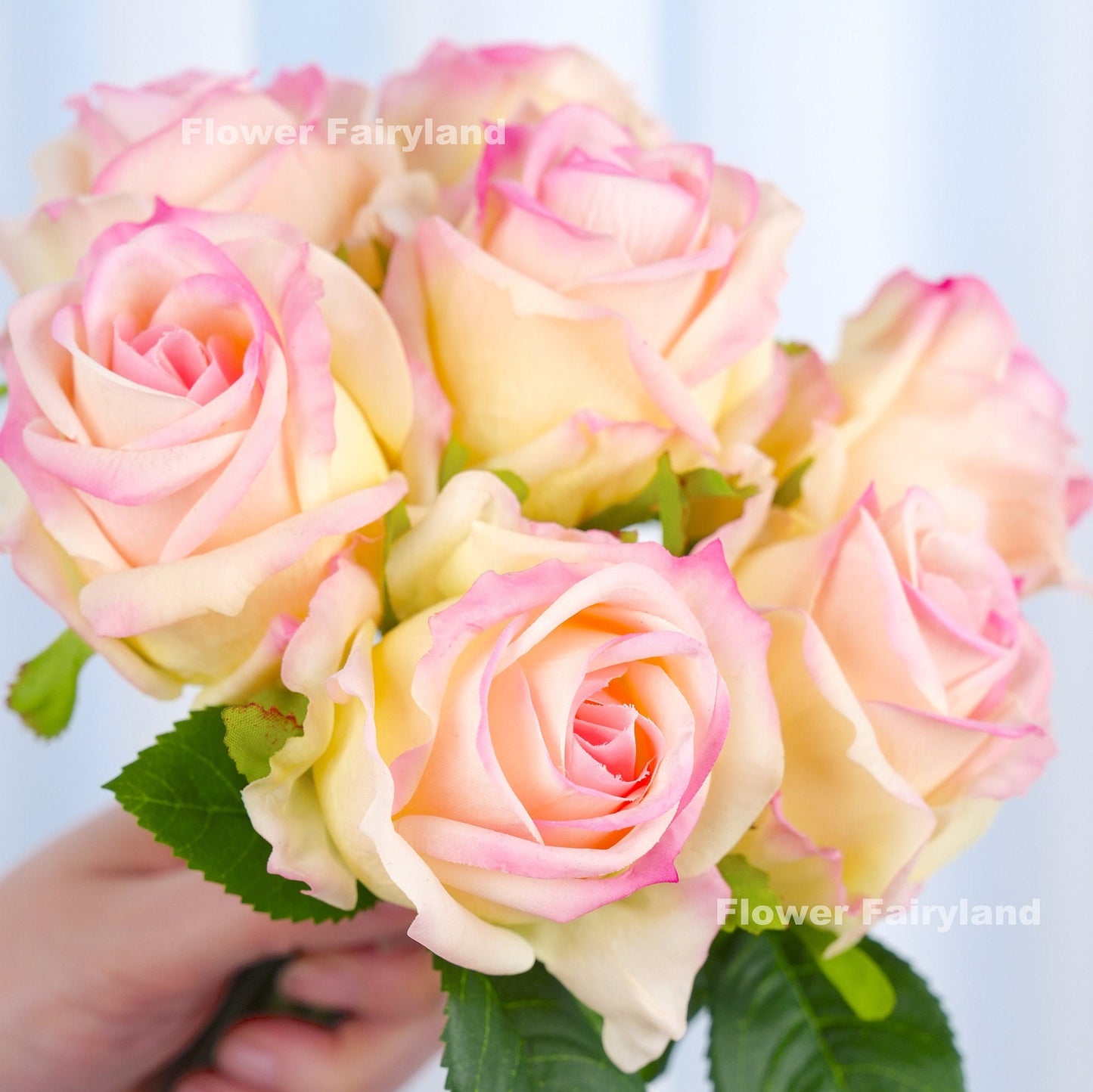 Light yellow and pink 7 stem real touch rose bouquet
