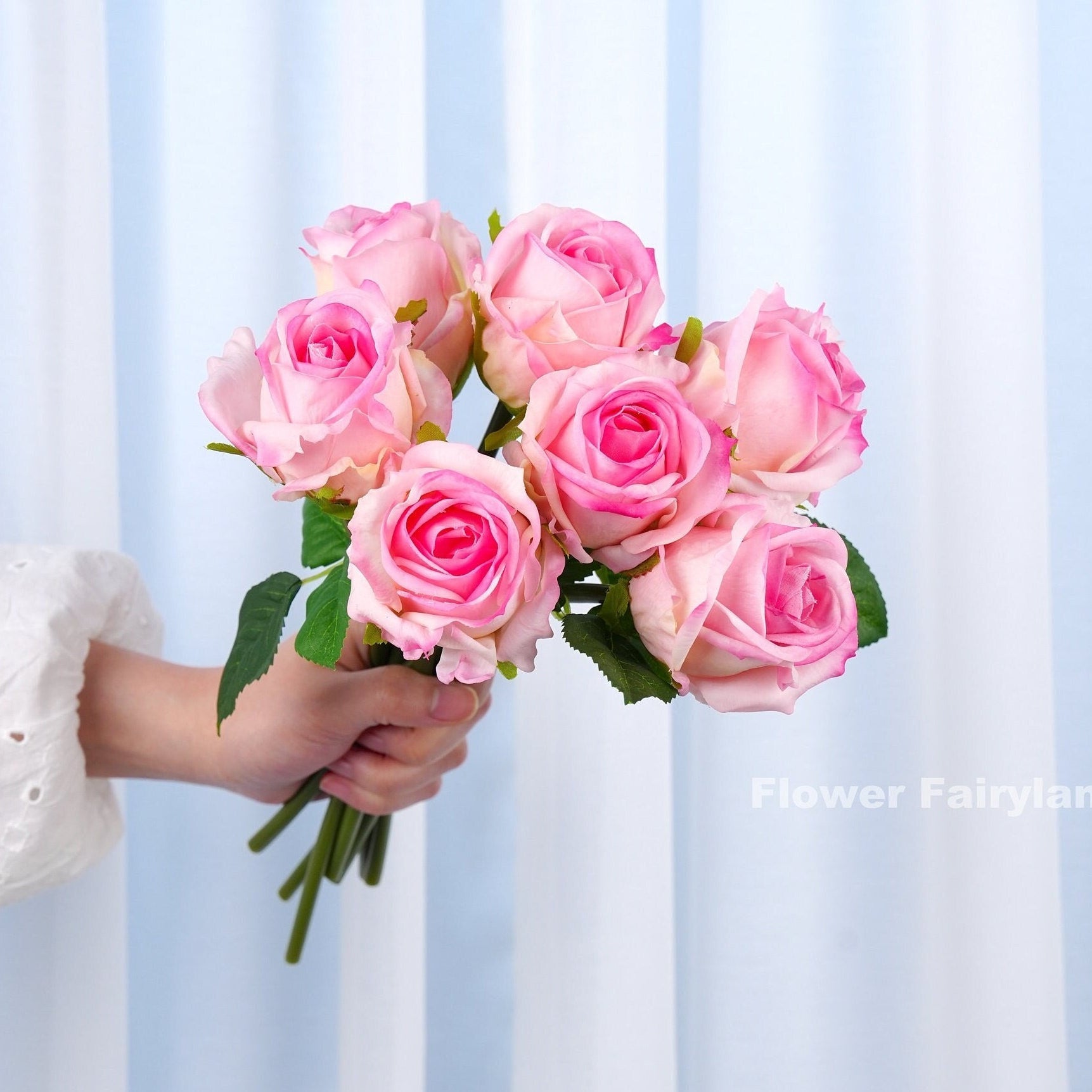 Pink 7 stem real touch rose bouquet square cover
