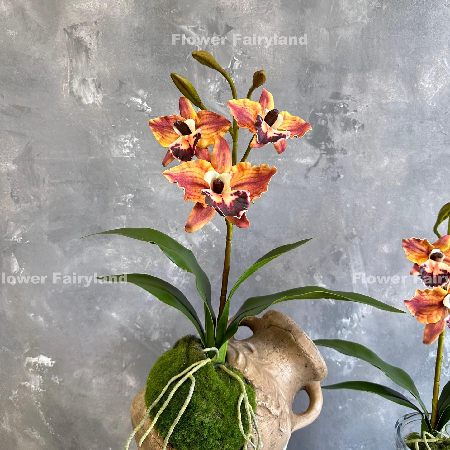 Dark reddish orange faux cattleya orchid detail