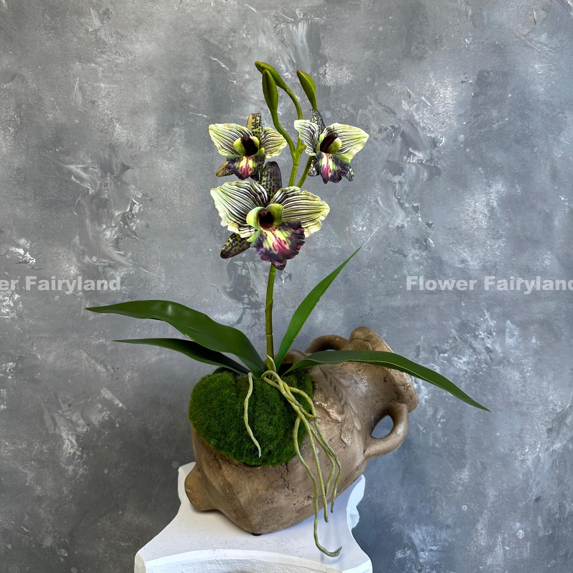 Green faux cattleya orchid blooms