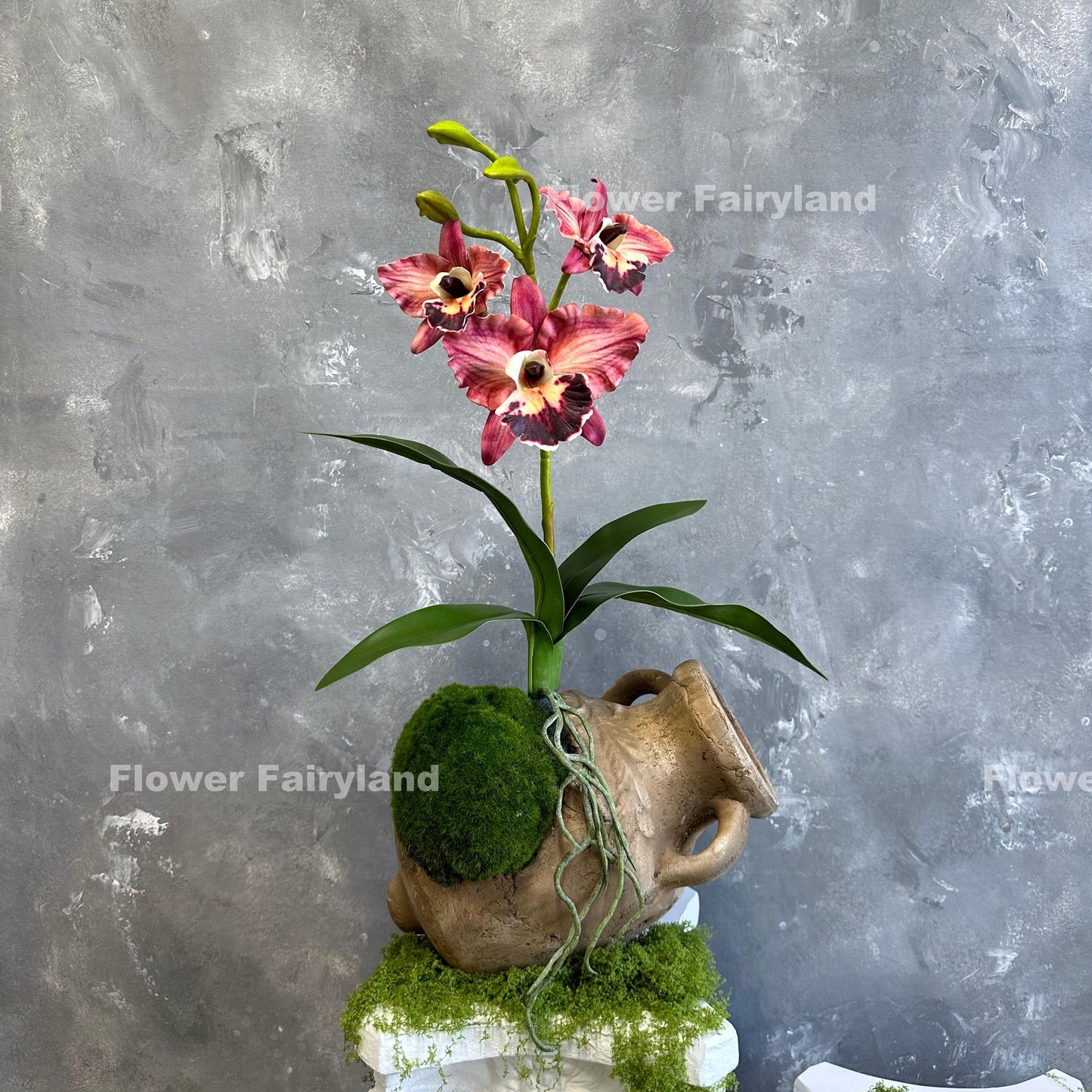 Light coral burgundy faux cattleya orchid blooms