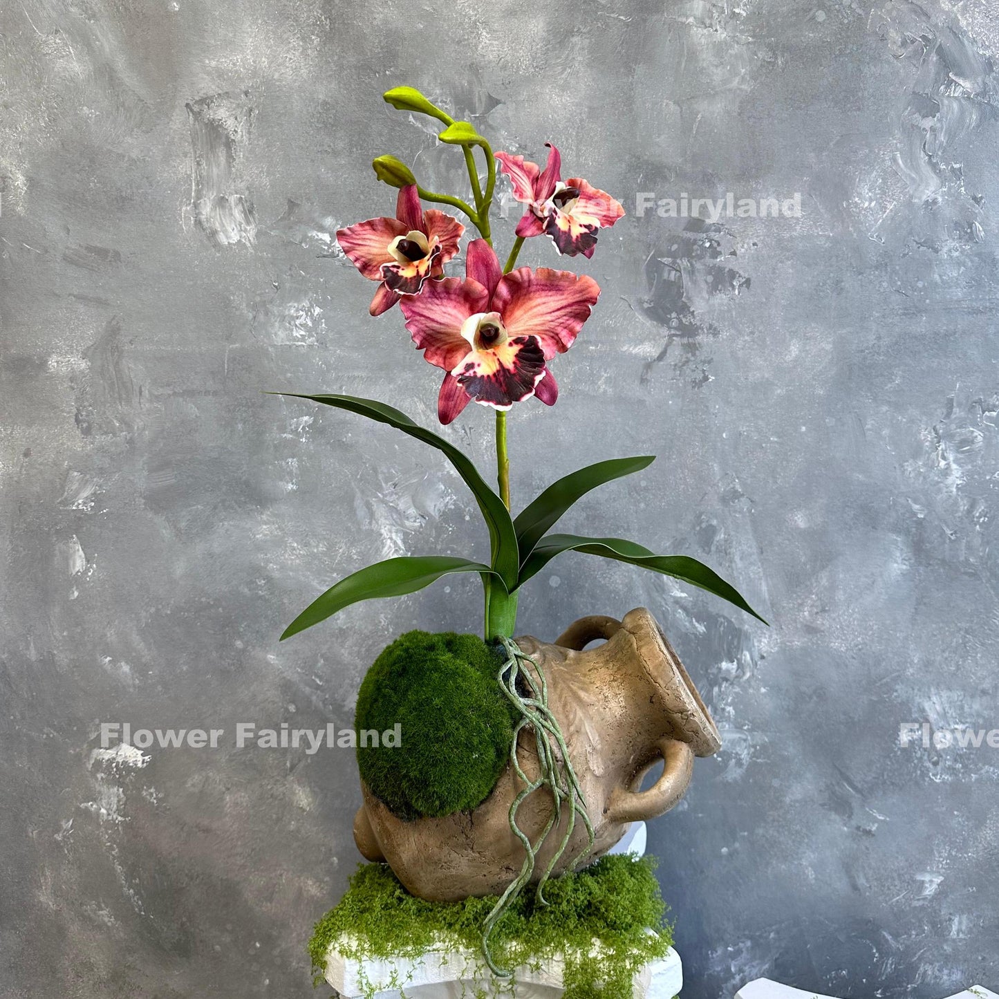 Light coral burgundy faux cattleya orchid full view