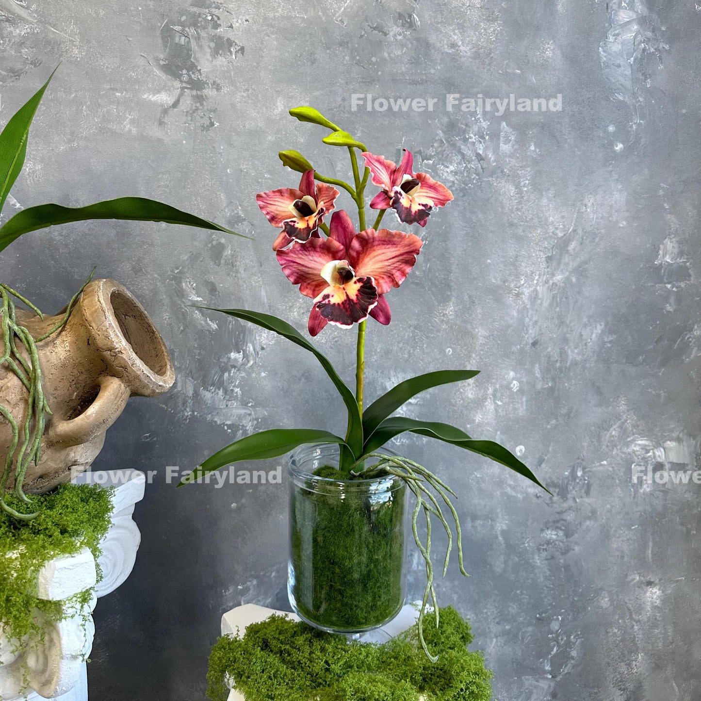 Light coral burgundy faux cattleya orchid detail