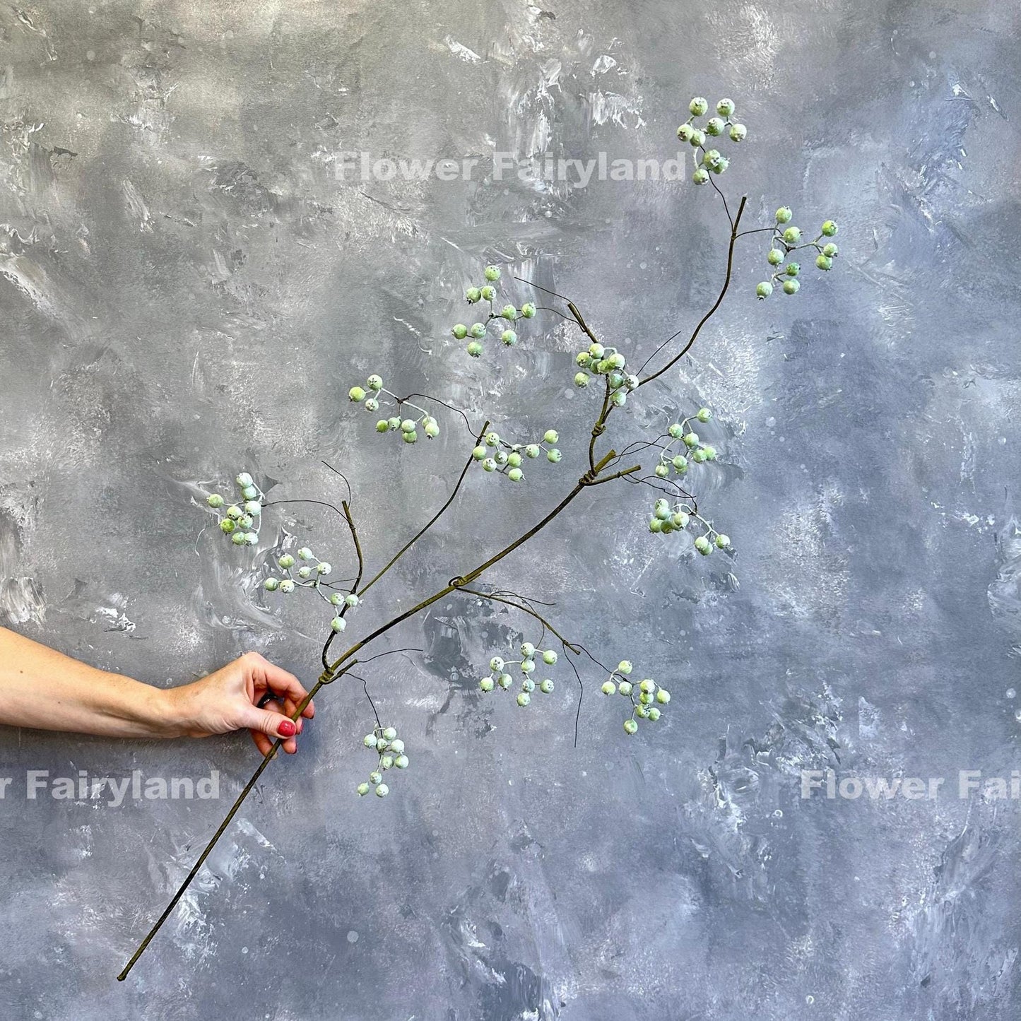 43 inch faux berry big branch with dusty green foam berries, single stem