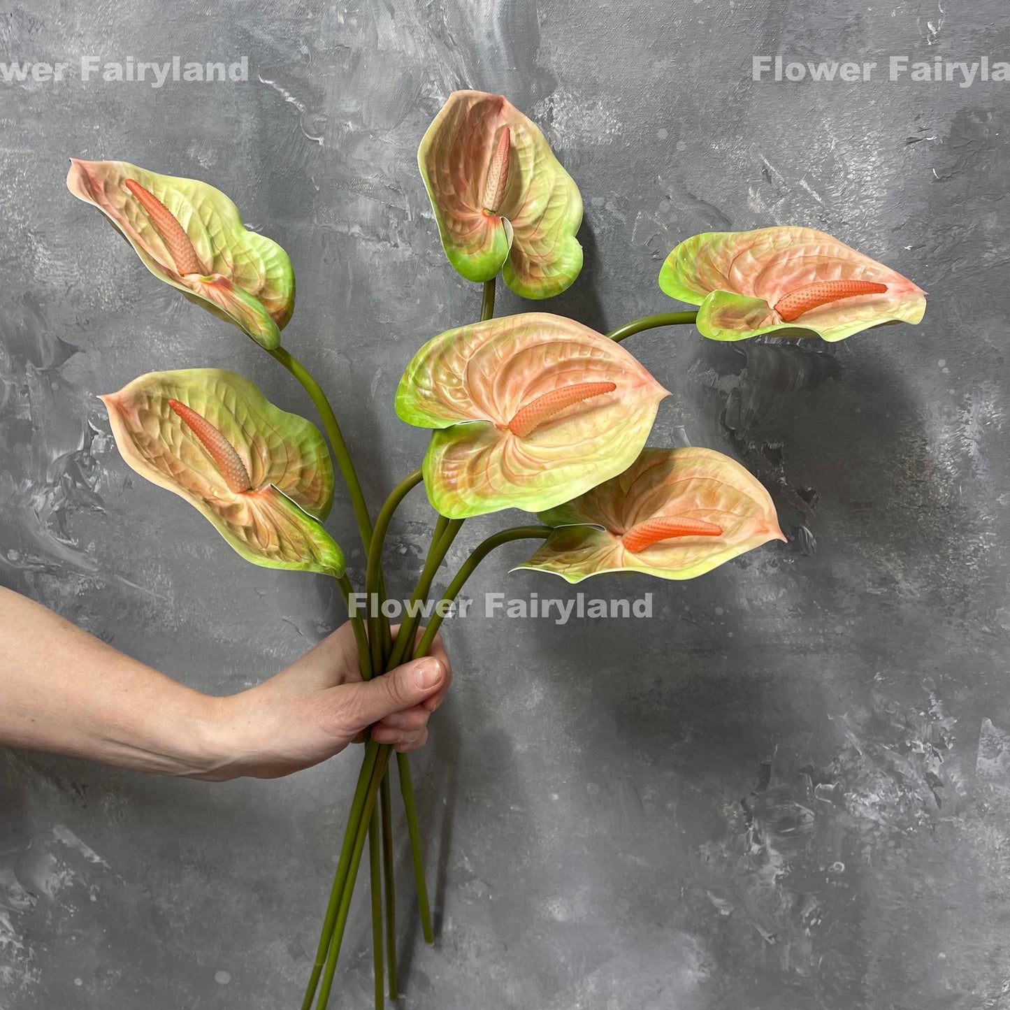 Greenish peach real touch anthurium - three stems