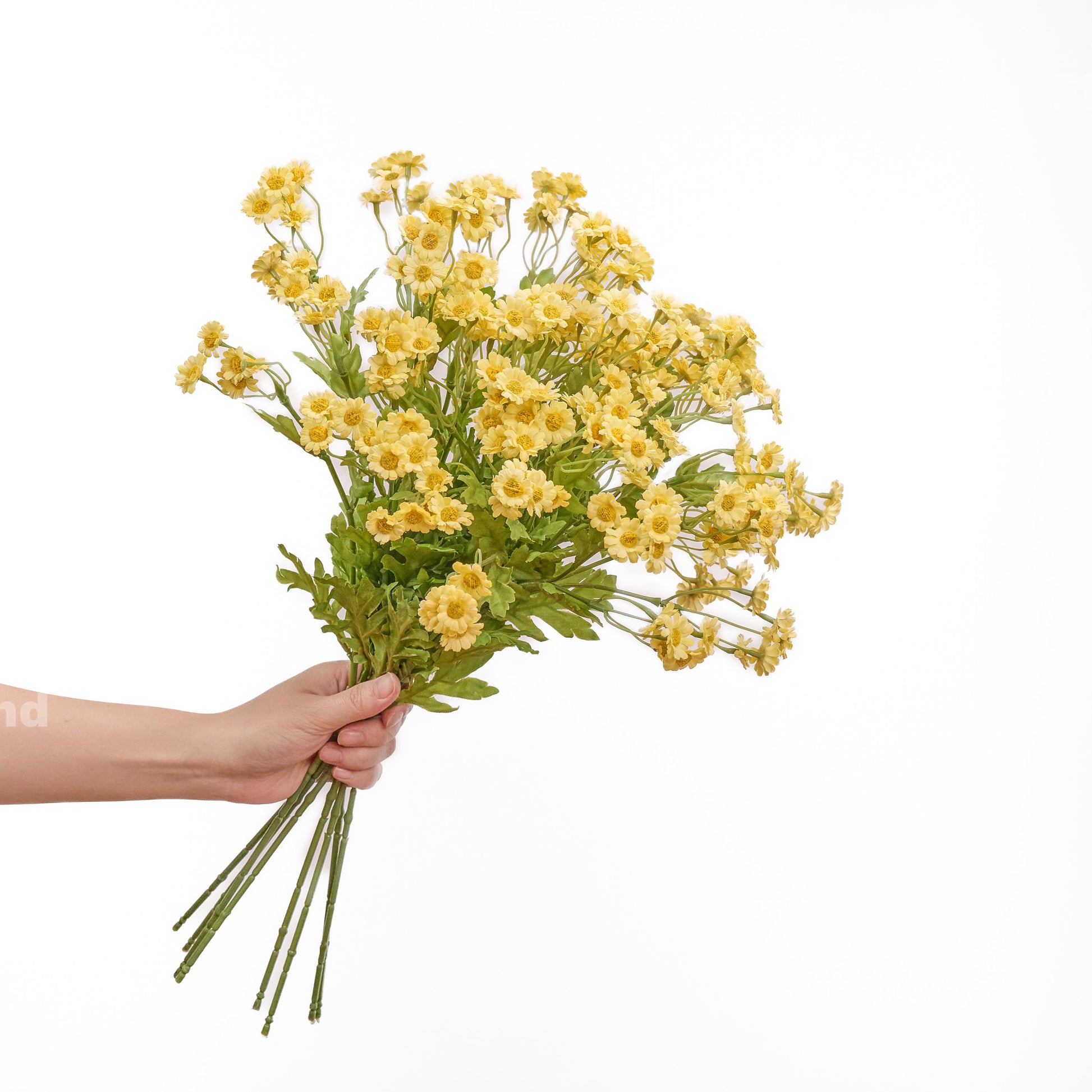 Yellow faux chamomile bouquet held in hand
